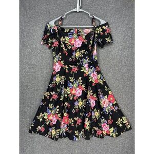 Vintage Incognito Dress Women's 11/12 Cotton Black Floral Off The Shoulder 90s